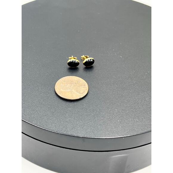 Designer Hallmarked 14K Yellow Gold Black Onyx Stud Earrings 7.5mm x 5mm Oval - Picture 3 of 12